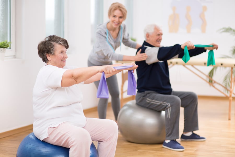 Seniors on exercise balls